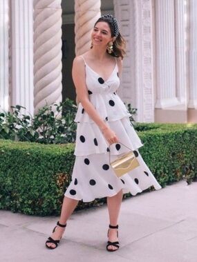 O.P.T. Polka Dot Tiered Midi Dress White Black Size S NWT